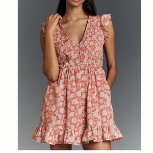 Anthropologie Peregrine Sleeveless V-Neck
Smocked Mini Dress 1X Coral NWT